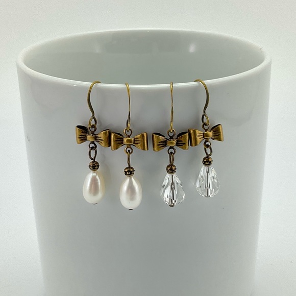 Teardrop Pearl & Bow Earrings, Handmade, Antique Brass & Genuine Pearl, Coquette - Picture 4 of 4